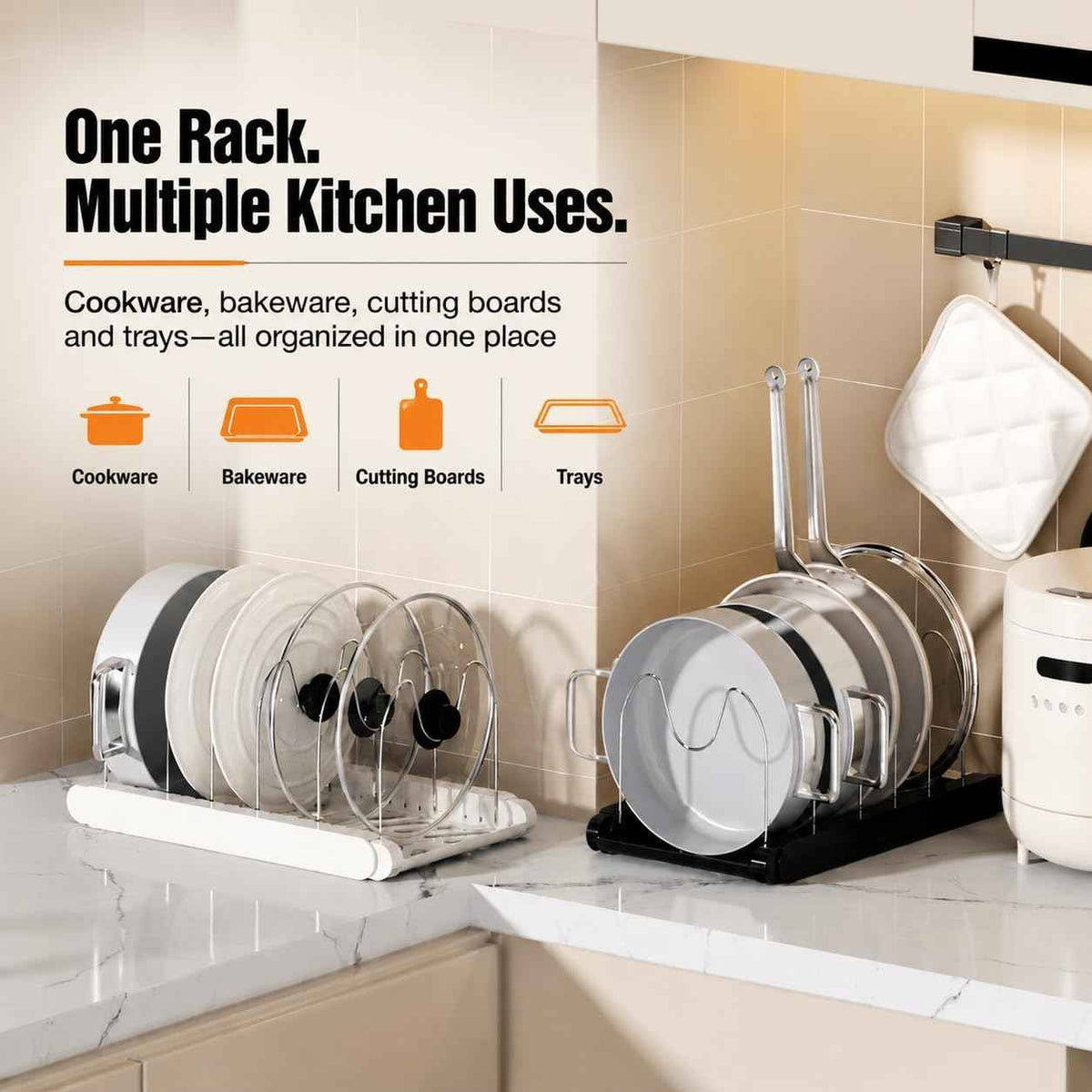 Expandable Pots and Pans Organizer, 9 Adjustable Slots, White