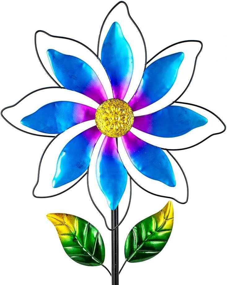 14'' Wind Spinners Outdoor, Flower Metal Garden Wind Spinners Outdoor, Kinetic Wind Sculptures & Spinners for Yard Garden Lawn Decor (Blue)