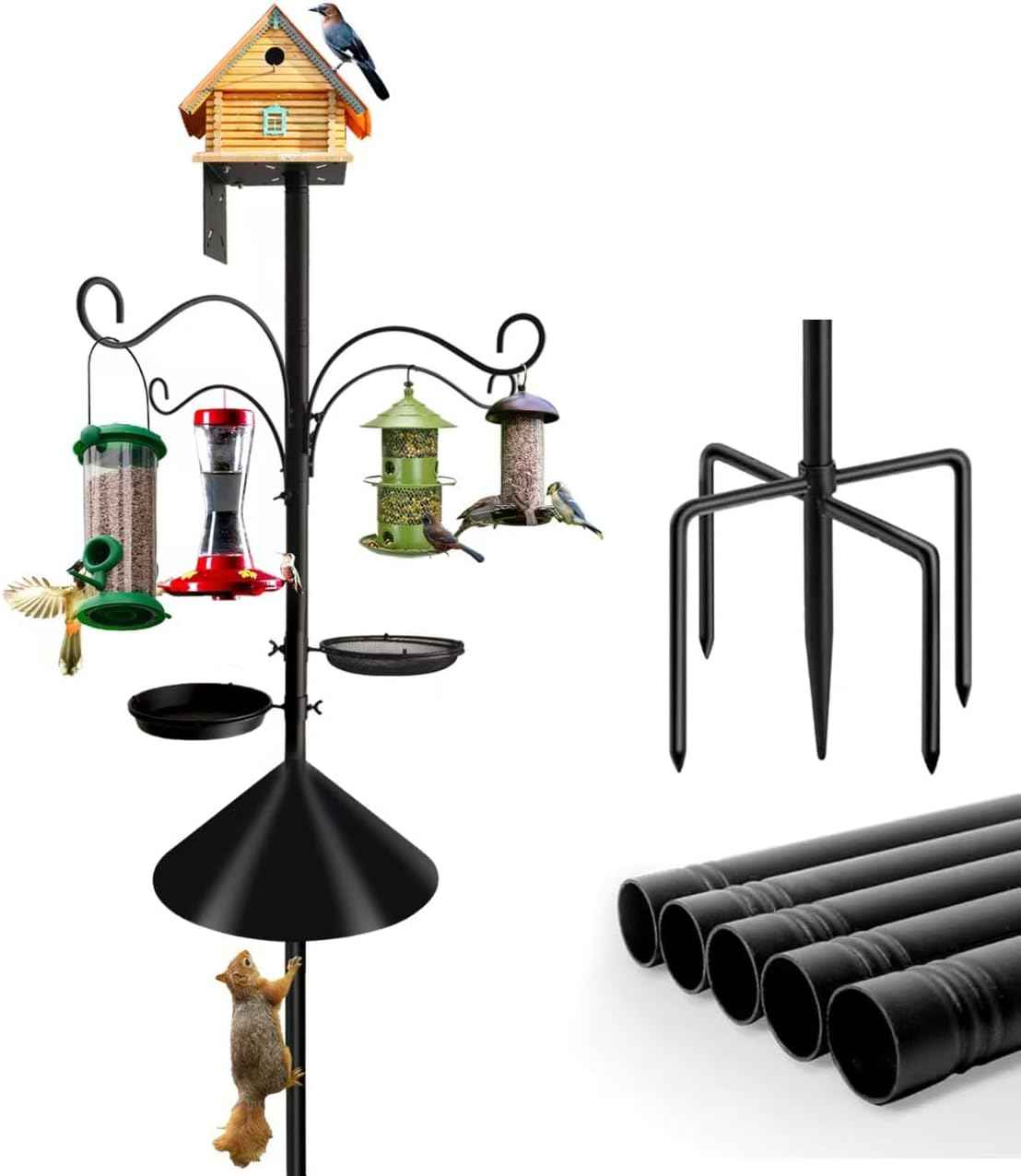 Bird Feeder Pole - 92 Inch Heavy Duty Birdhouse Stand with Squirrel Proof Baffle for Outdoor, Adjustable Bird Feeding Station with Multi Shepherds Hooks Mental Trays for Garden Attracting Wild Birds