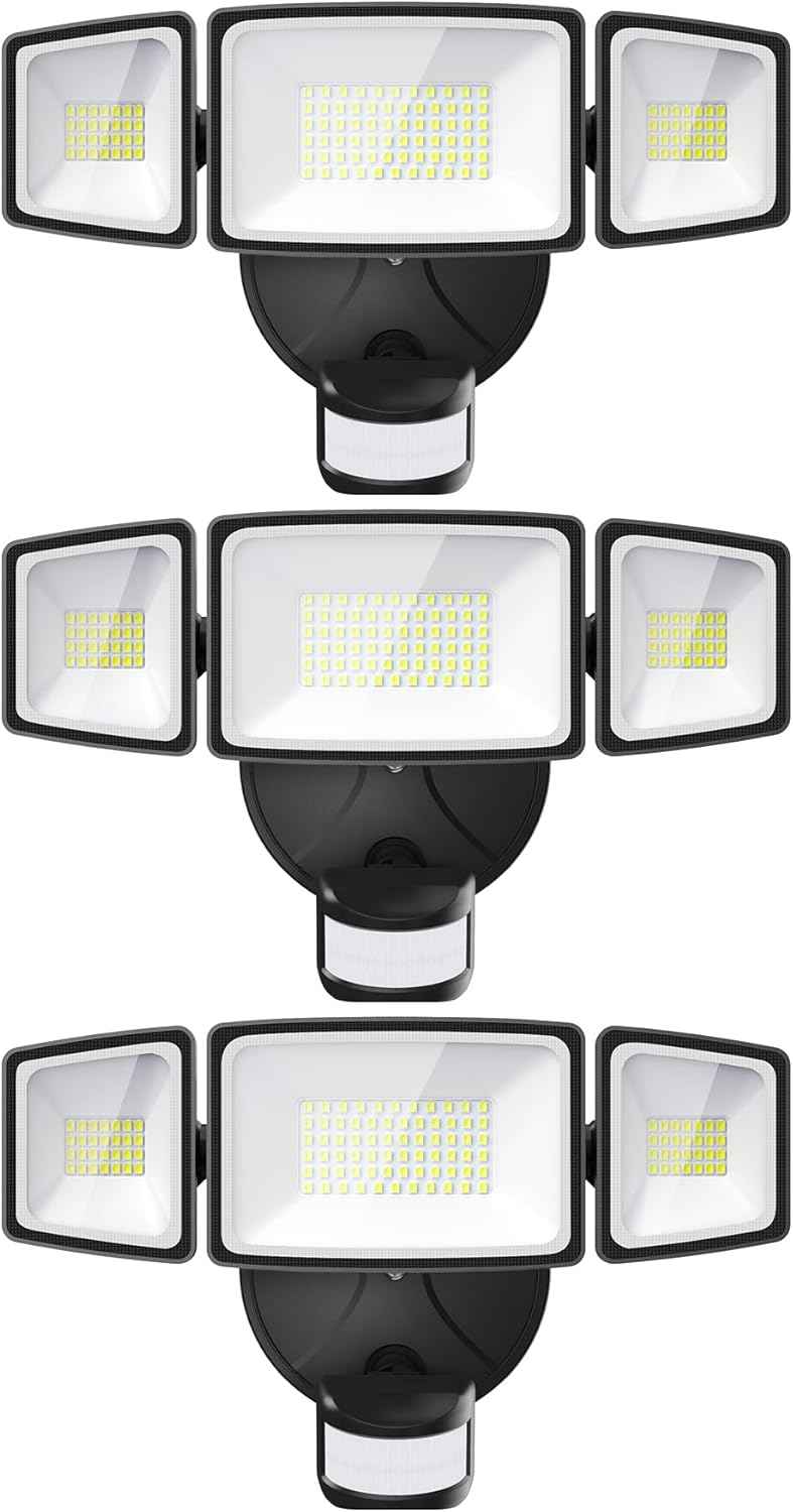 Onforu 3 Pack 65W LED Motion Sensor Outdoor Lights, Security Light Motion Outdoor Flood Light Fixture Detection Detector, 3 Adjustable Heads 6500LM 6500K IP65 Waterproof Exterior Garage Yard (Black)
