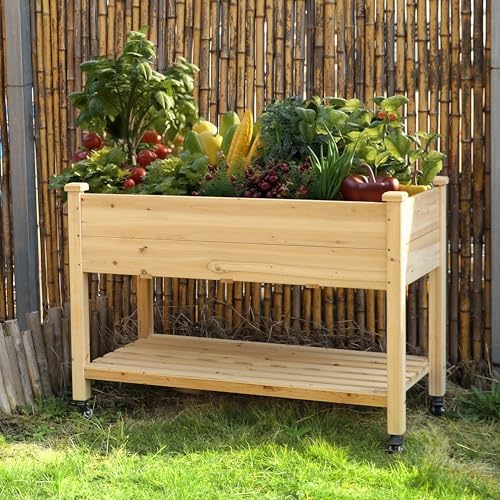 MUPATER 4x2FT Cedar Raised Garden Bed, Rolling Wood Planter Box with
