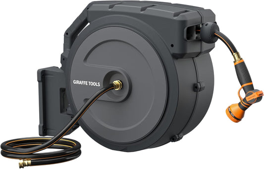 Giraffe Tools Retractable Garden Hose Reel 5/8 inch x 90 ft Hose Reels for Outside, Wall Mounted Water Hose Reel with 180 Deg Swivel Bracket, Any Length Lock, 9 Pattern Hose Nozzle