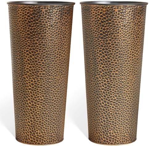 KOL 25" H. Metal Hand-Hammered Planters with Inner Pots 2-Pack, Bronze