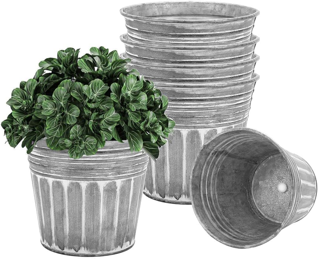 vensovo 5 Inch Silver Metal Rustic Flower Pots - 6Pcs Medium Galvanized Planters with Drainage Hole and Rubber Plug, Rustproof Metal Bucket Plant Pots Farmhouse Vintage Style for Decor