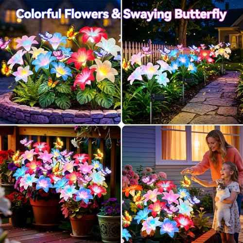 4 Pack Solar Garden Lights Outdoor, 7 Color Changing Lily Flower Lights | Silk lily Petals With Butterflies, 32 Warm LEDs, 800mAh Solar Power, IP65 Waterproof for Gardens, Patios, Flower Beds, Yards