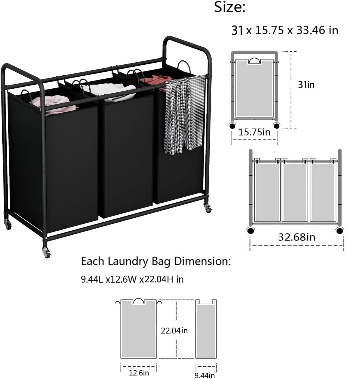 135L 3-Section Rolling Laundry Hamper – Black - Field & Nook