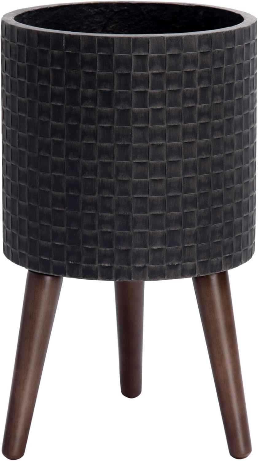 D'vine Dev 10 Inch Modern Geometric Tile Patterned Sleek Planter Pot with Stand, Indoor Outdoor Decorative Plant Holder, Distressed Black, 88-Z-B-5