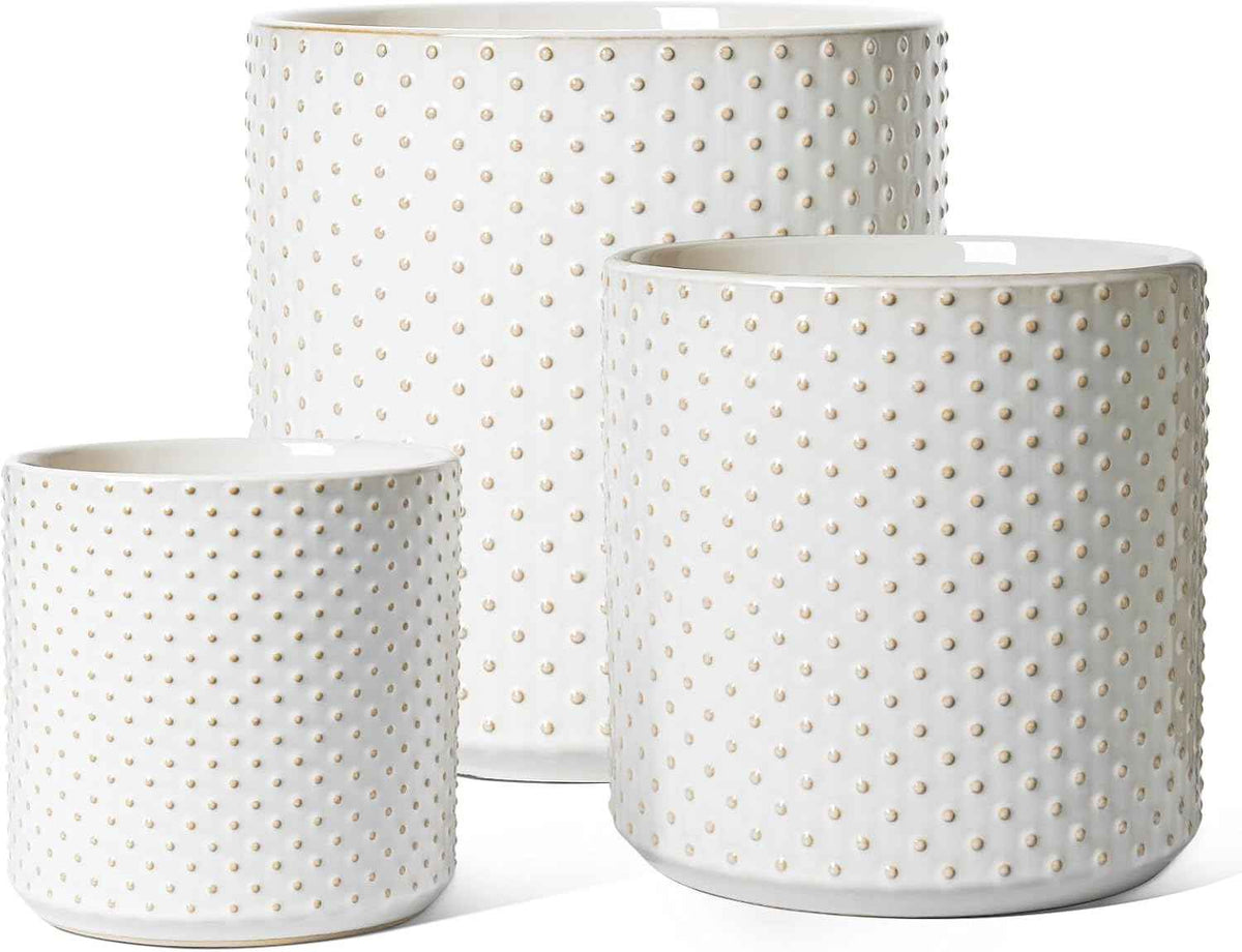 LE TAUCI Ceramic Plant Pots Indoor, 10+8+6 Inch Planters for Indoor Plants, Raised Dots Flower Pots with Drainage Hole and Plug, Cylinder Round Planters, Set of 3, Glaze Arctic White