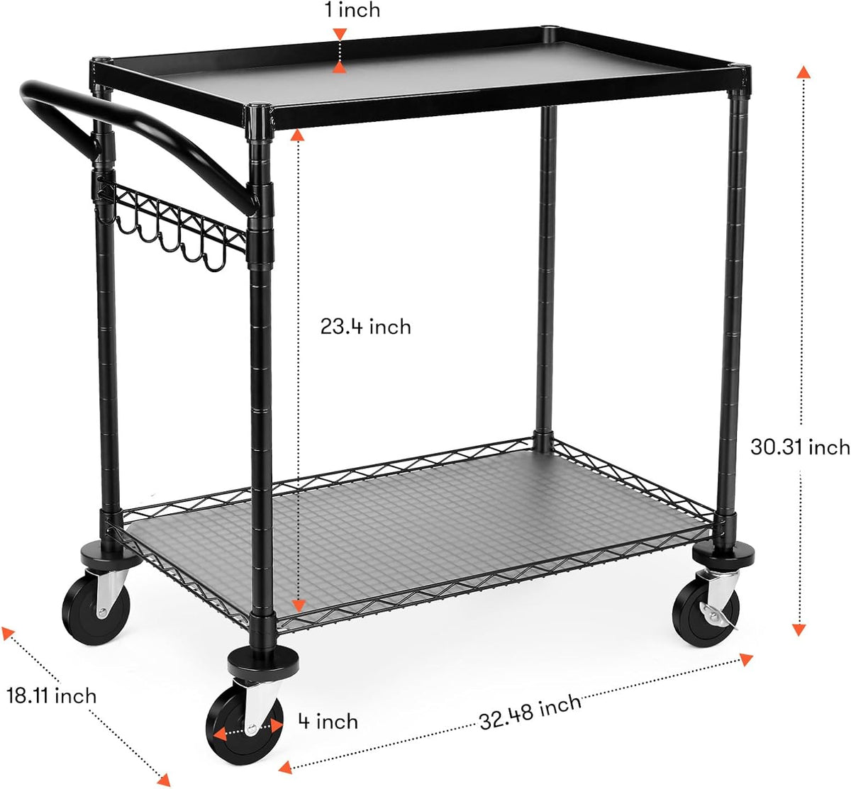 680Lbs Capacity Heavy Duty Rolling Utility Cart,2 Tier Rolling Carts with Wheels,Commercial Grade Metal Cart with Handle Bar & Shelf Liner,Trolley Serving Cart for Restaurant,Kitchen,Black - Field & Nook