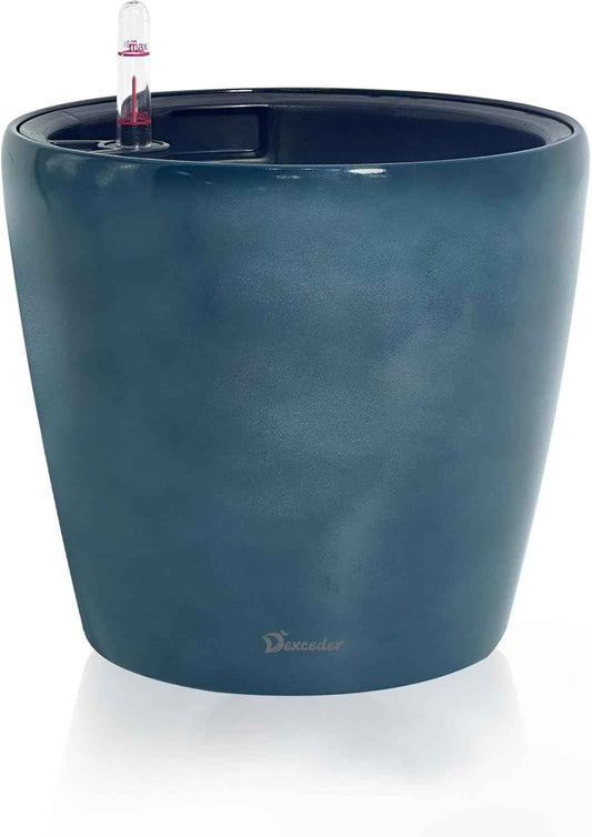 Dexceder 11x10 Inches Self Watering Planter Indoor Outdoor, Inner Pot Design, Thickened Table Flower Plant Pot with Water Level Indicator (Grayish Green Gradient)