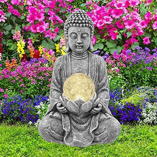 Meditating Buddha Statue with Solar Light,Zen Solar Garden Buddha with Cracked Glass Ball Sculpture-Indoor/Outdoor Decor for Balcony,Garden,Patio,Porch Yard Art Ornament,Gift