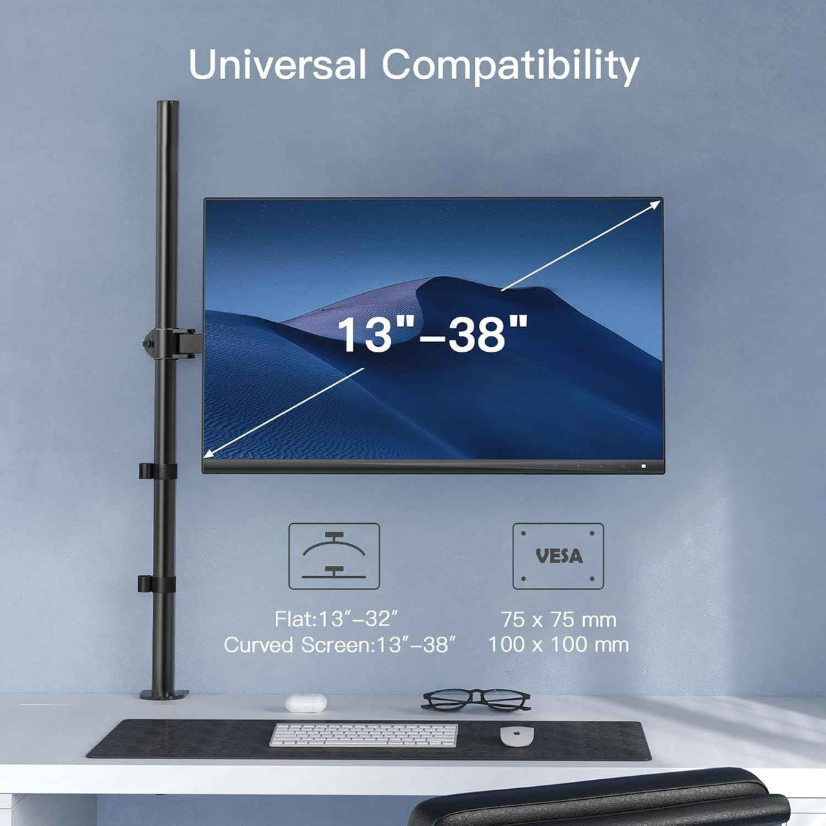 HUANUO Single Monitor Arm with 39 inch Extra-Tall Pole, Adjustable Computer Desk Mount for 13–32 inch Screens and up to 38 inch Ultrawide Screens, Hold 22 lbs, Monitor Stand with C-Clamp & Grommt Base