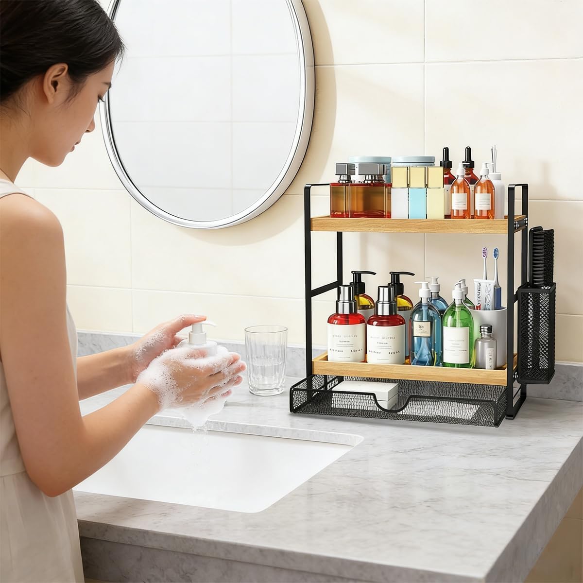 2-Tier Spice Rack Organizer for Countertop with Drawer and Basket - Field & Nook