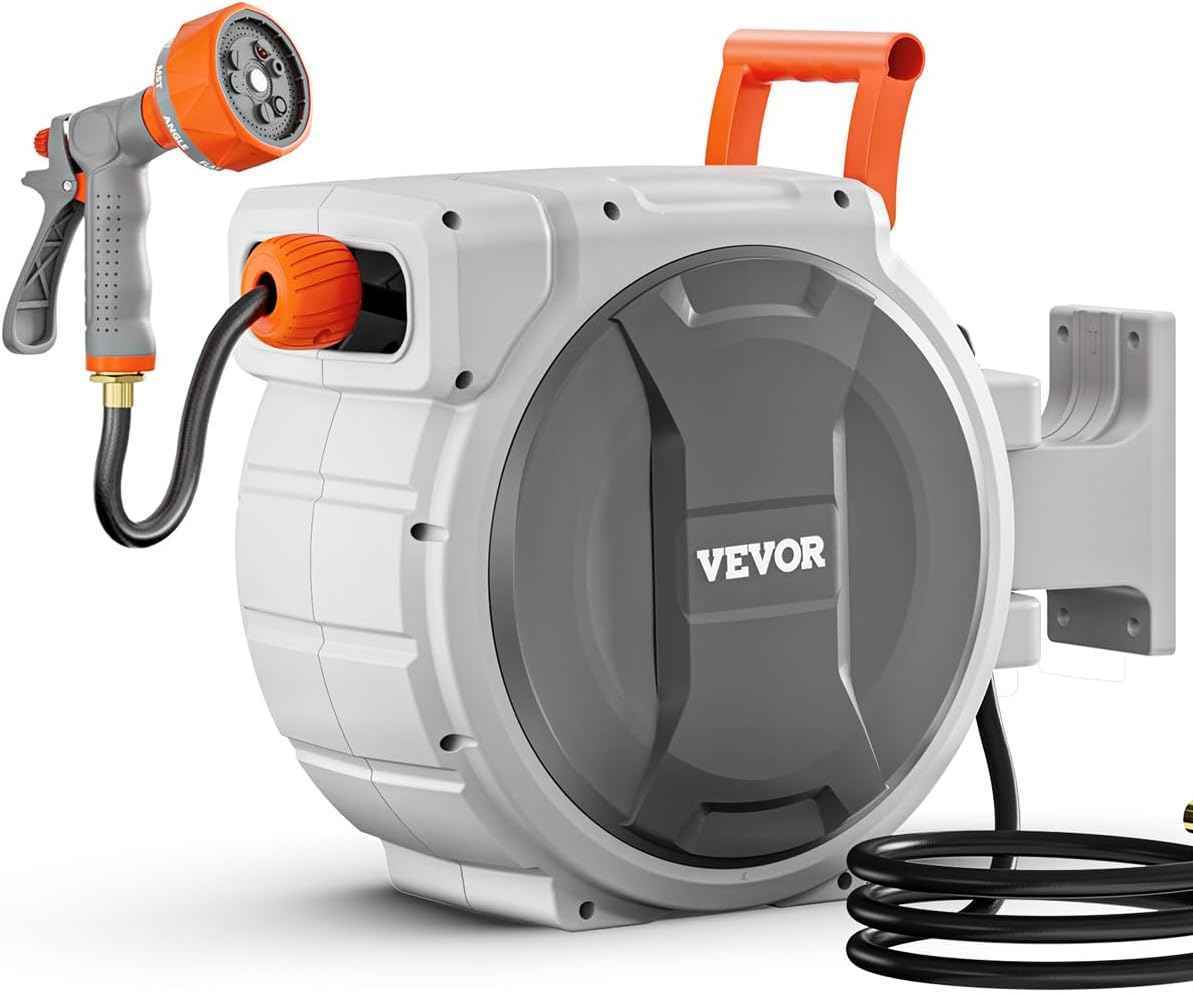 VEVOR Retractable Garden Hose Reel, 1/2 Inch x 65 ft Wall Mounted, Heavy Duty Garden Hose Reel with 9 Patterns Nozzle, Any Length Lock, Upgraded Slow Return System and 180°Swivel Bracket
