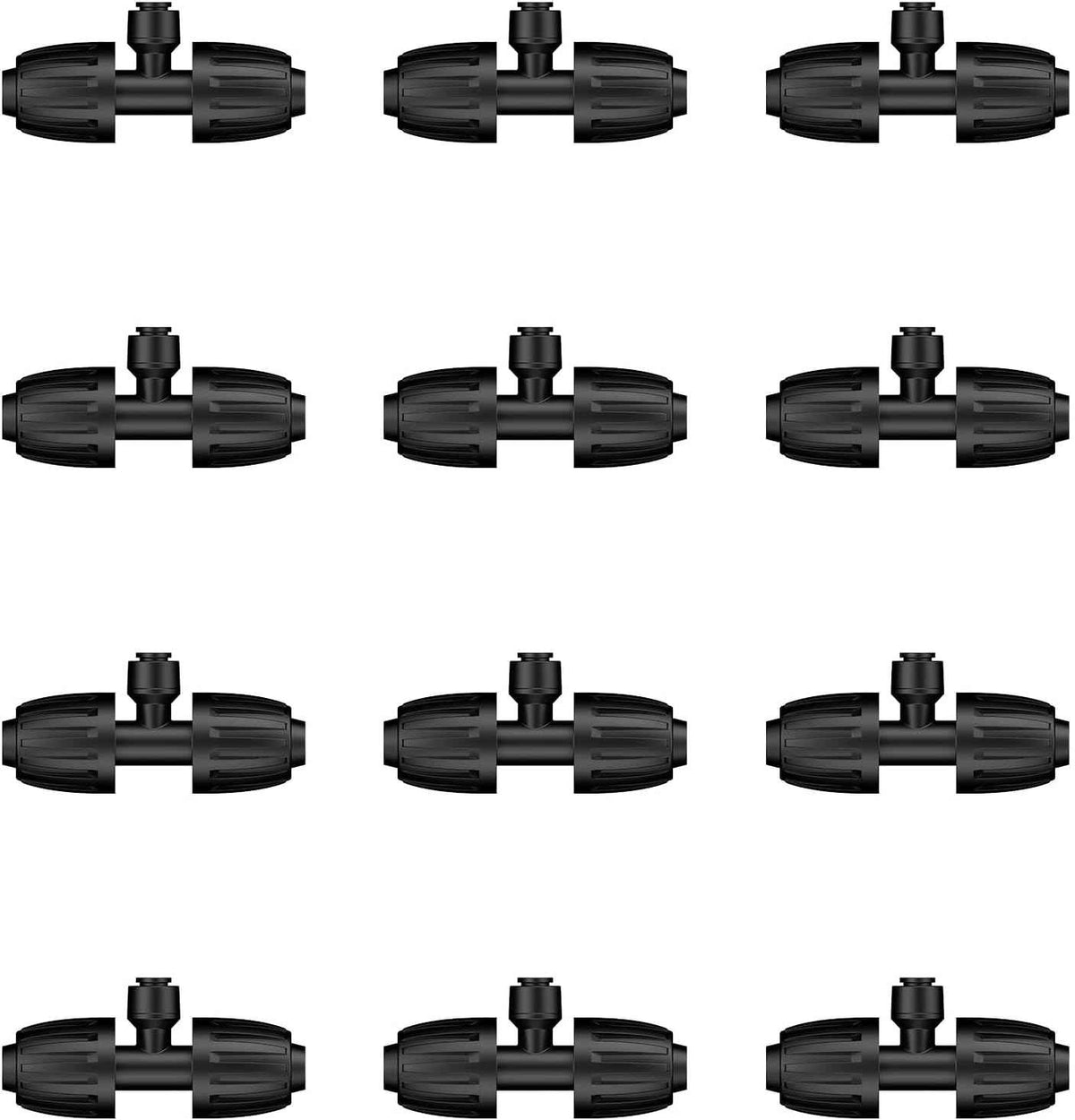 Pawfly 12 Pcs 1/2'' to 1/4'' Barbed Tee Quick Connectors, Drip Irrigation Tee Connectors with Anti-Drop Locked Nuts, Push-to-Fit Drip Irrigation Fittings Parts for Garden Lawn, 3-Way Reducing Tees