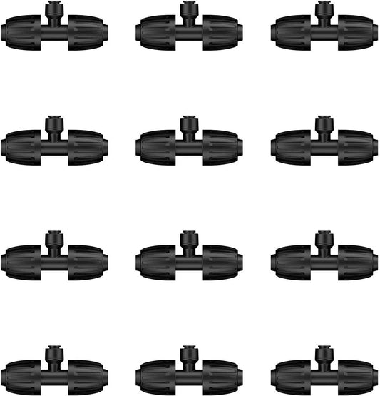 Pawfly 12 Pcs 1/2'' to 1/4'' Barbed Tee Quick Connectors, Drip Irrigation Tee Connectors with Anti-Drop Locked Nuts, Push-to-Fit Drip Irrigation Fittings Parts for Garden Lawn, 3-Way Reducing Tees