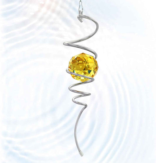 Gazing Ball Spiral Wind Spinner Tail - Golden Crystal Glass Ball | Wind Spinners Stabilizer with S Hook | Hanging Rotating Art for Garden Patio Indoor/Outdoor Creative Ornament & Gift, 13in