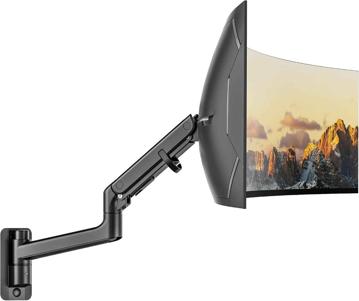 monTEK Single Monitor Wall Mount, 17–57" Gas Spring Arm, Heavy Duty, Black | Fits Max 57" Curved & Ultrawide Monitors, Holds Up To 59.4 Lbs, Full Motion Wall Mount, Compatible With 75/100mm VESA