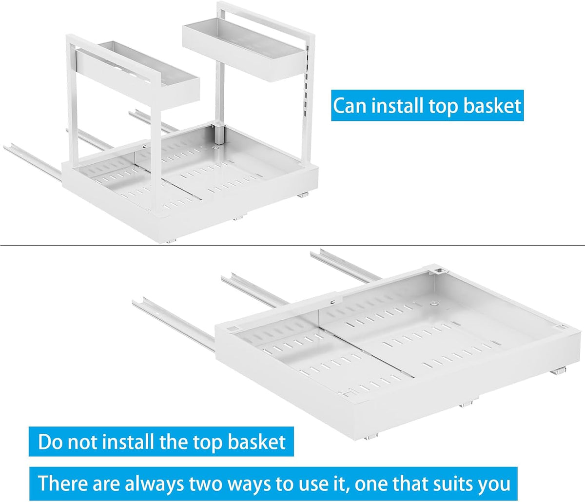 NEWMATIC Adjustable Under Sink Organizer Pull Out Drawers, 2-Tier Slide Out Cabinet Storage Shelf for Kitchen Sink, Height & Width Extendable White, 15''D x 13''-20.5''W x 15''H(1Pack) - Field & Nook