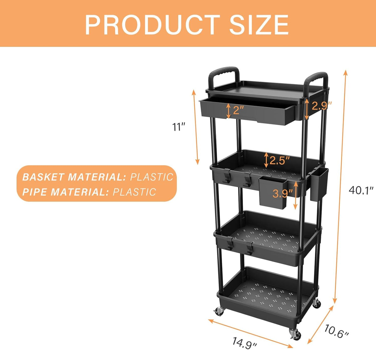 4-Tier Rolling Utility Cart with Drawer - Field & Nook