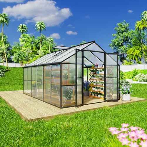 8 x 12 FT Outdoor Greenhouse, Heavy-Duty Polycarbonate Greenhouse with Aluminum Frame, Lockable Door, Adjustable Roof Vent, Walk-in Green House for Backyard, Garden, Patio