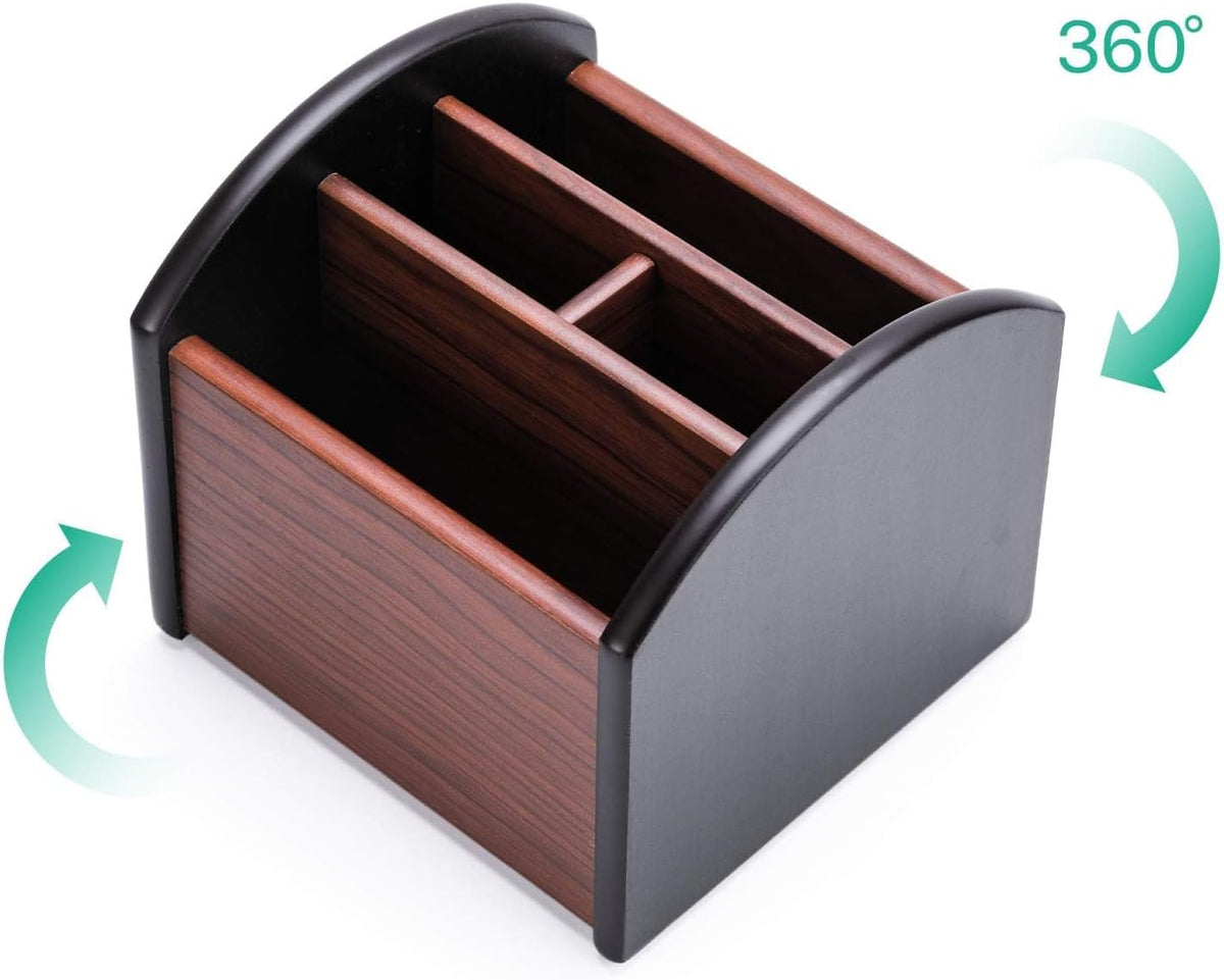 Rotating Remote Control Caddy – Four-Compartment Wood Organizer