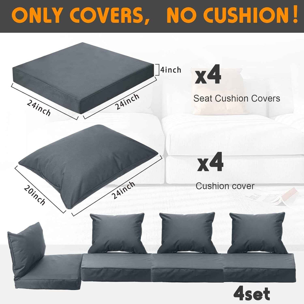 All Smiles Patio Furniture Replacement Chair Cushion Covers Set of 4 for Waterproof Resistant Outdoor Deep Set Cushion Covers for Seat Yard Garden Deck，24 x 20 Inch, 24 x 24 x 4 Inch，Navy Blue