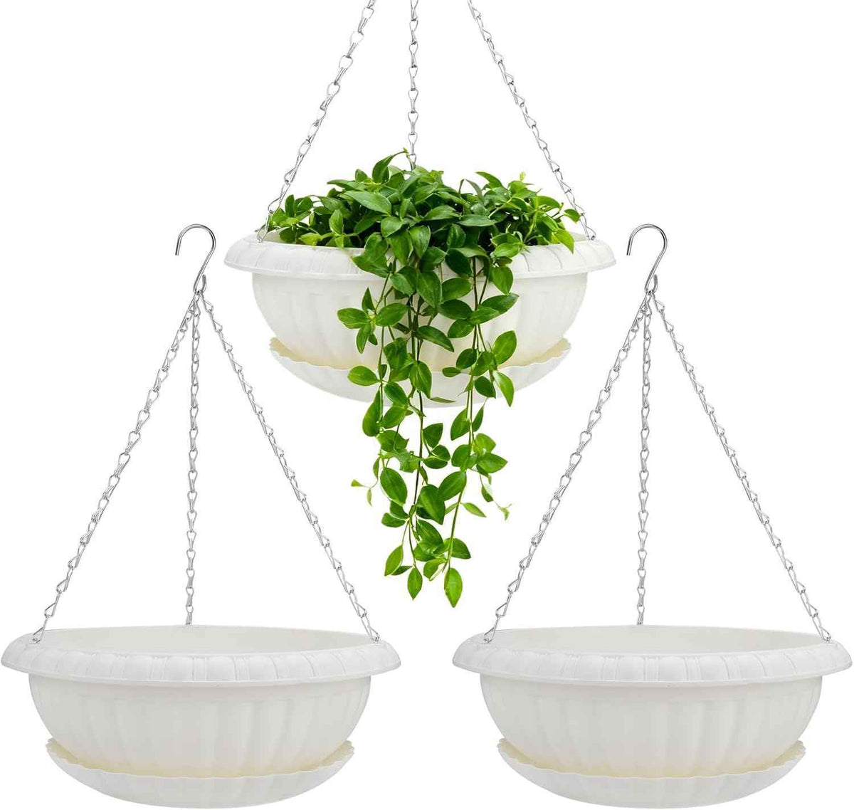 summer flower 3 Pack Large Hanging Planters 12.59in Plastic Plant Pots with Drainage Holes & Trays for Indoor Outdoor Garden Wall Window Decor (White)