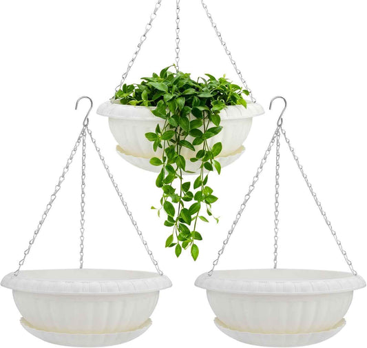 summer flower 3 Pack Large Hanging Planters 12.59in Plastic Plant Pots with Drainage Holes & Trays for Indoor Outdoor Garden Wall Window Decor (White)