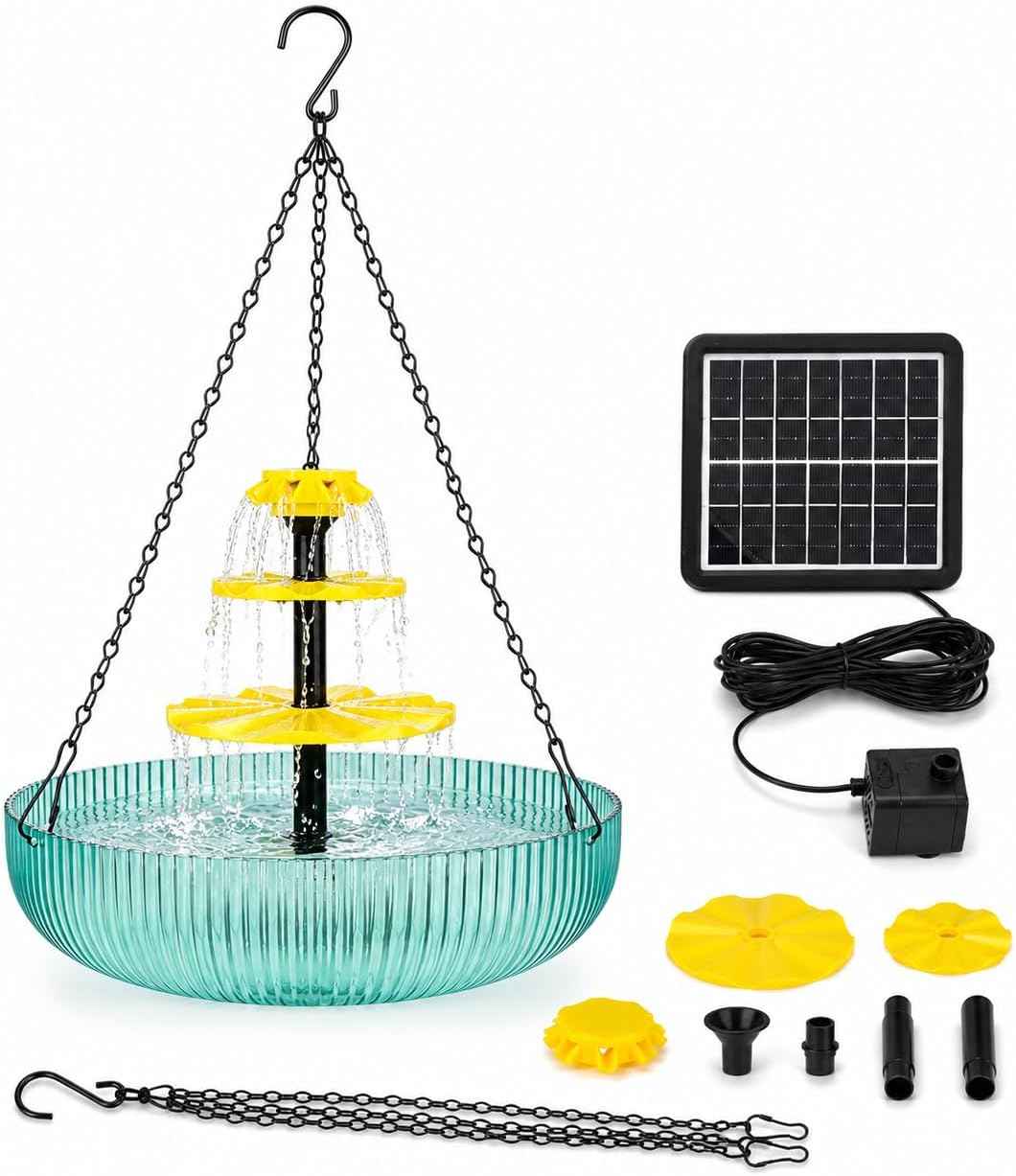 Solar Hanging Bird Bath Fountain with 3-Tier Cascading Waterfall, Outdoor Garden Water Feature with 16.4FT Cord, Bird Feeder & Relaxing Patio Decor for Hummingbirds and Wild Birds
