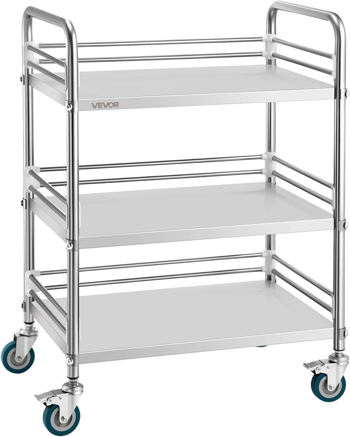 VEVOR Stainless Steel Rolling Cart, 3-Tier Metal Utility Cart with Lockable Wheels, Medical Serving Trolley Clinic Tray, Mobile Service Cart for Hospital, Lab, Restaurant, Kitchen, Salon - Field & Nook