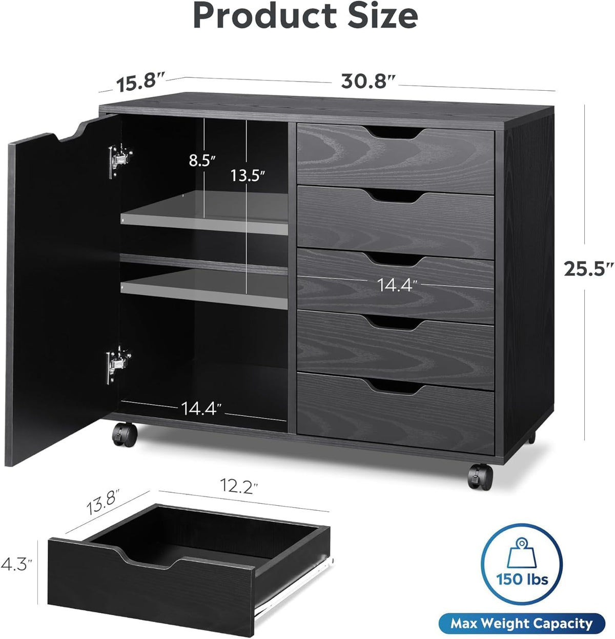 5-Drawer Wood Drawer Cabinet, Office Storage Cabinet with Adjustable Shelf & Wheels, Printer Stand for Home Office, Black, 15.7" D x 30.7" W x 25.4" H - Field & Nook
