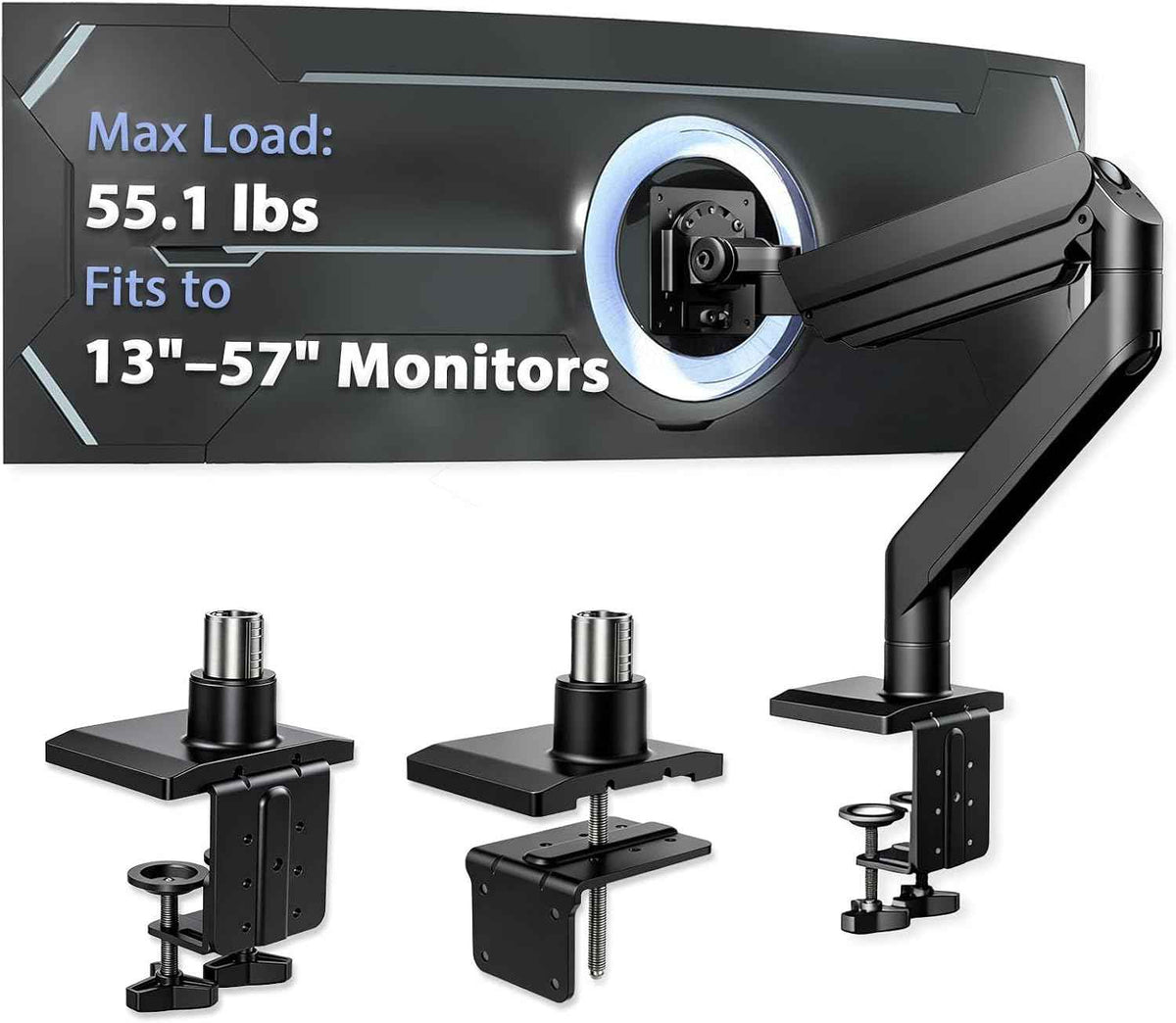 Heavy Ergonomic Single Monitor Arm Desk Mount for up to 57"Screens | for 13 27 32 34 39 40 42 49 57Inch ultrawide monitor, Holds 55 lbs, 2-Step Fast Setup, 75/100mmVesa, Black, Home & Office Use
