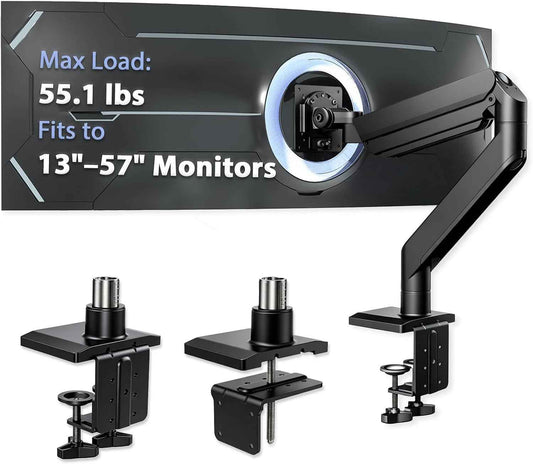 Heavy Ergonomic Single Monitor Arm Desk Mount for up to 57"Screens | for 13 27 32 34 39 40 42 49 57Inch ultrawide monitor, Holds 55 lbs, 2-Step Fast Setup, 75/100mmVesa, Black, Home & Office Use