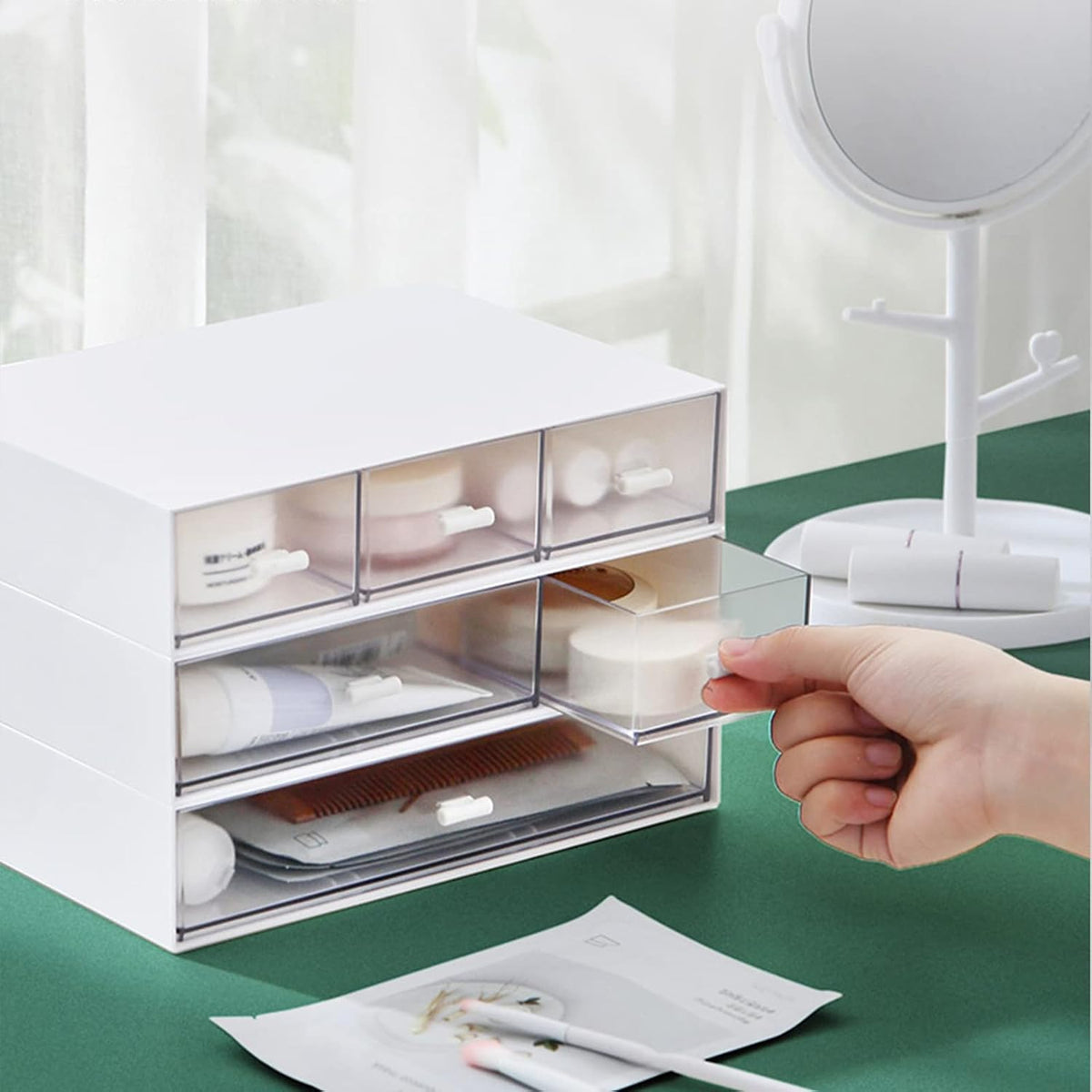 Desk Organizer-3 Tier Stackable Storage Drawers with 6 Compartments White Compact Desk Storage Drawers Great for Makeup Storage Bathroom Organization Accessories Etc (White) - Field & Nook