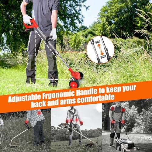 Electric Weed Wacker Cordless, 21V Lightweight Stringless Weed Wacker, Weed Trimmer, 3-in-1 Grass Trimmer/Brush Cutter/Edger, with Wheels,2pcs Batteries&4 Types Blades for Thick Weeds&Yard Garden