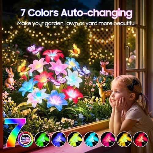 4 Pack Solar Garden Lights Outdoor, 7 Color Changing Lily Flower Lights | Silk lily Petals With Butterflies, 32 Warm LEDs, 800mAh Solar Power, IP65 Waterproof for Gardens, Patios, Flower Beds, Yards
