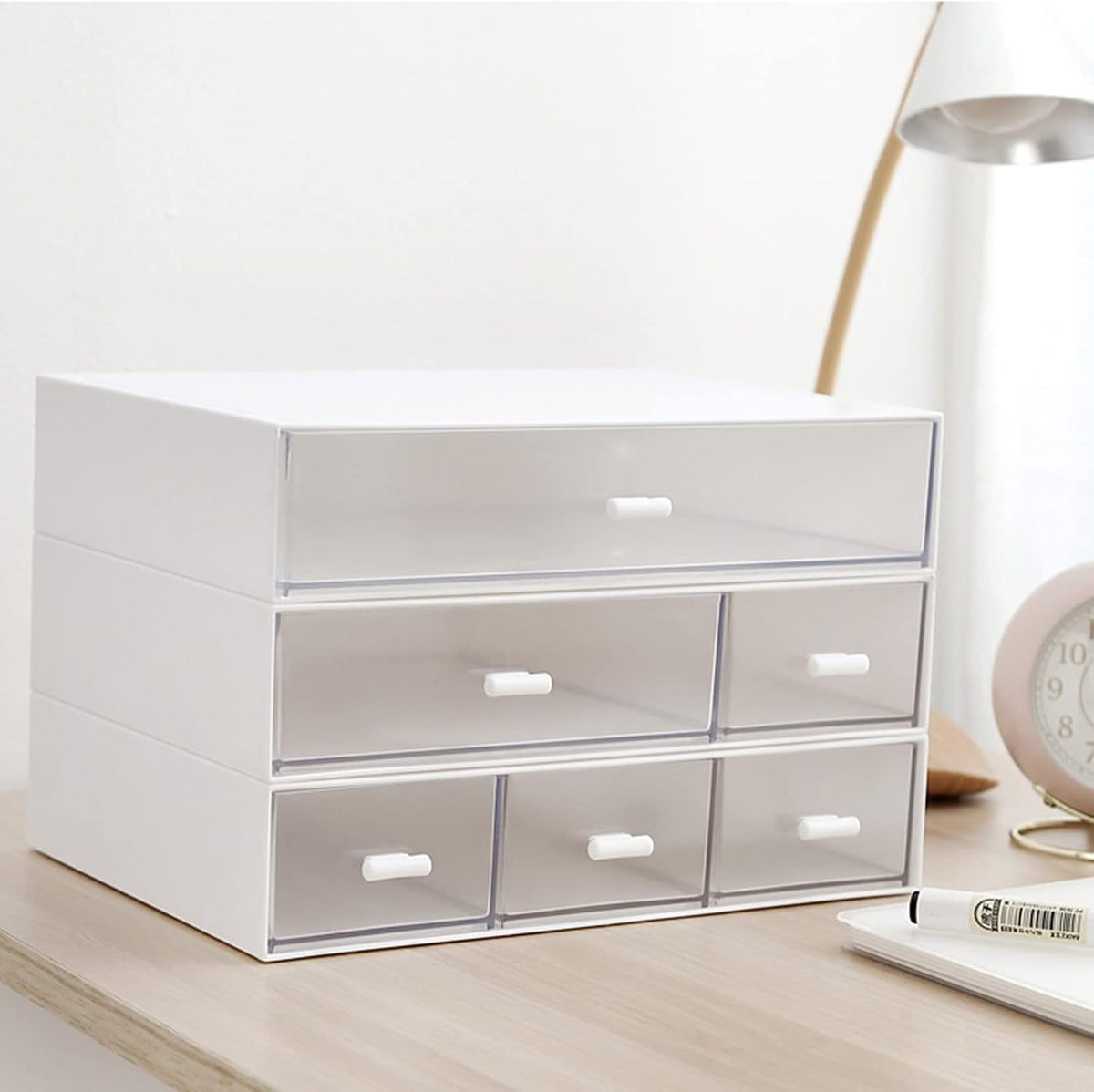 Desk Organizer-3 Tier Stackable Storage Drawers with 6 Compartments White Compact Desk Storage Drawers Great for Makeup Storage Bathroom Organization Accessories Etc (White) - Field & Nook