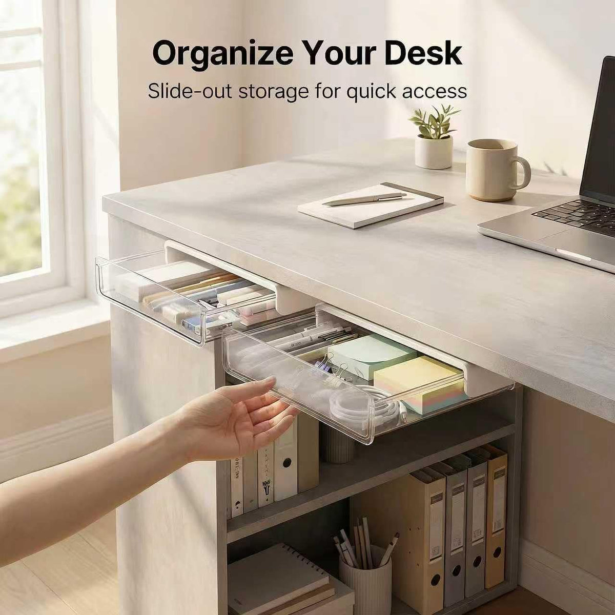 OSPNIEEK Self-adhesive Under Desk Drawer Organizer, 2 Pack Table Hidden Slide Out Large Storage Mounted Desktop Pencil Holder Tray Drawers for Office Home School Stationery Kitchen (Large, White) - Field & Nook