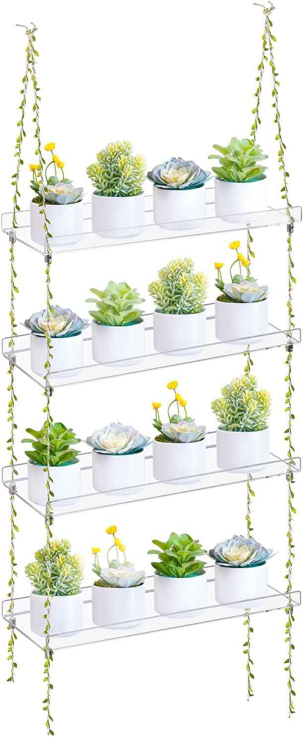 Sumerflos Acrylic Window Boxes Window Plant Shelves 4 Tier - Clear Hanging Shelf Indoor Jute Twine Adjustable Plant Holder for Window Wall Living Room Balcony Natural