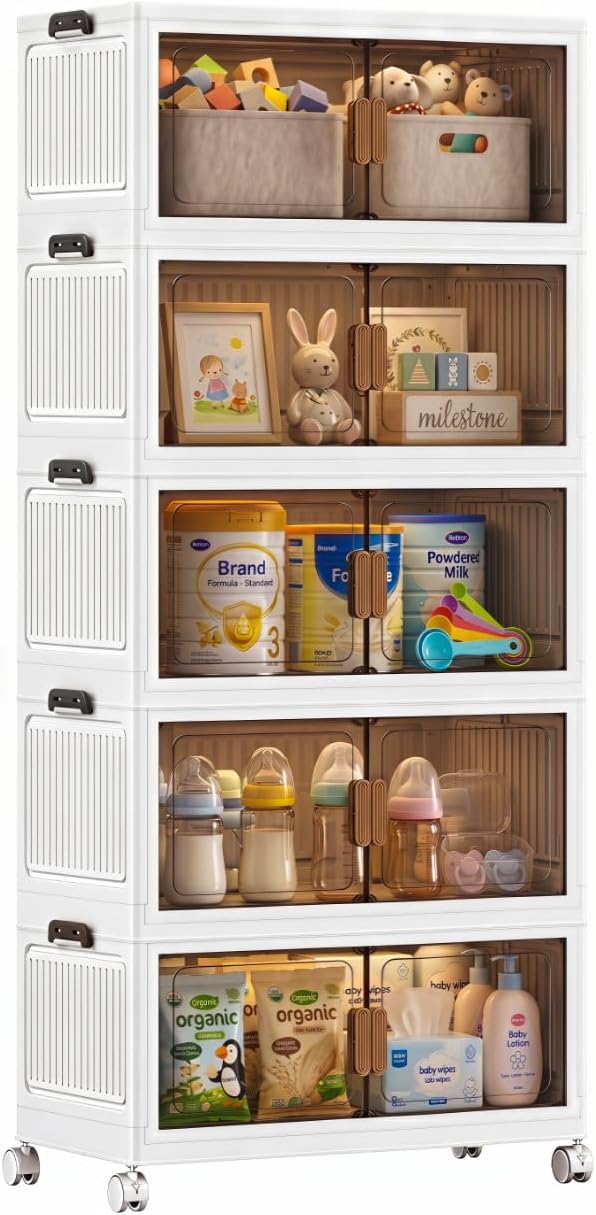 120QT Stackable Storage Bins With Lids, Collapsible Plastic Storage Bins with Wheels and Doors, Foldable Plastic Cabinets for Bedroom Dorm Garage Office Kitchen, 5 Pack - Field & Nook