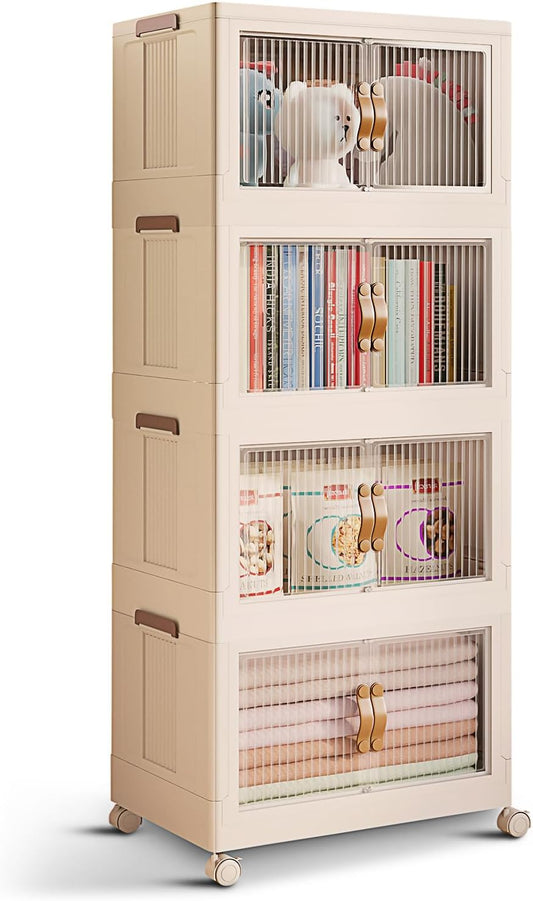 4 Tier Plastic Stackable Storage Bins Open Front with Lids & 360° Wheels 35 QT - Collapsible Storage Bins Home Office Closet Storage Organization, Foldable Clothes Storage Cabinet, 8.8 GAL - Field & Nook