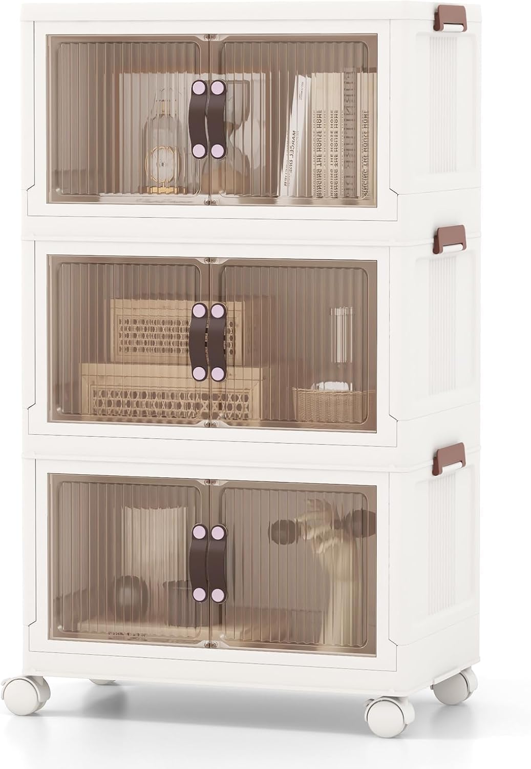 HOMGX 3 Tier Stackable Storage Bins, Collapsible Closet Organizers w/Wheels and Lids, Foldable Cabinet Front and Top Open, Foldable Plastic Containers for Kitchen (25.5 Gal (19" x 12" x 34")) - Field & Nook
