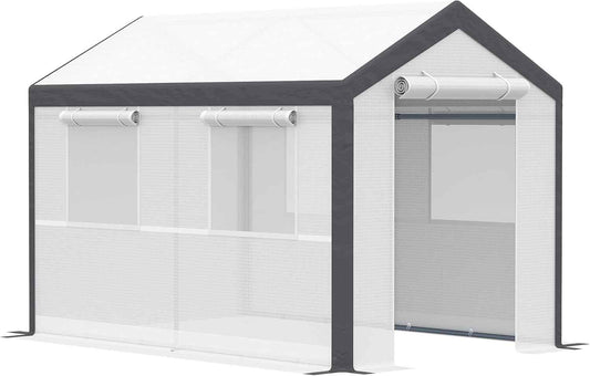 Outsunny 10' x 7' x 7' Greenhouse, Walk-in Outdoor Tunnel Green House with PE Cover, Steel Frame, 2 Roll-Up Zipper Doors & 4 Windows for Flowers, Vegetables, Tropical Plants, White
