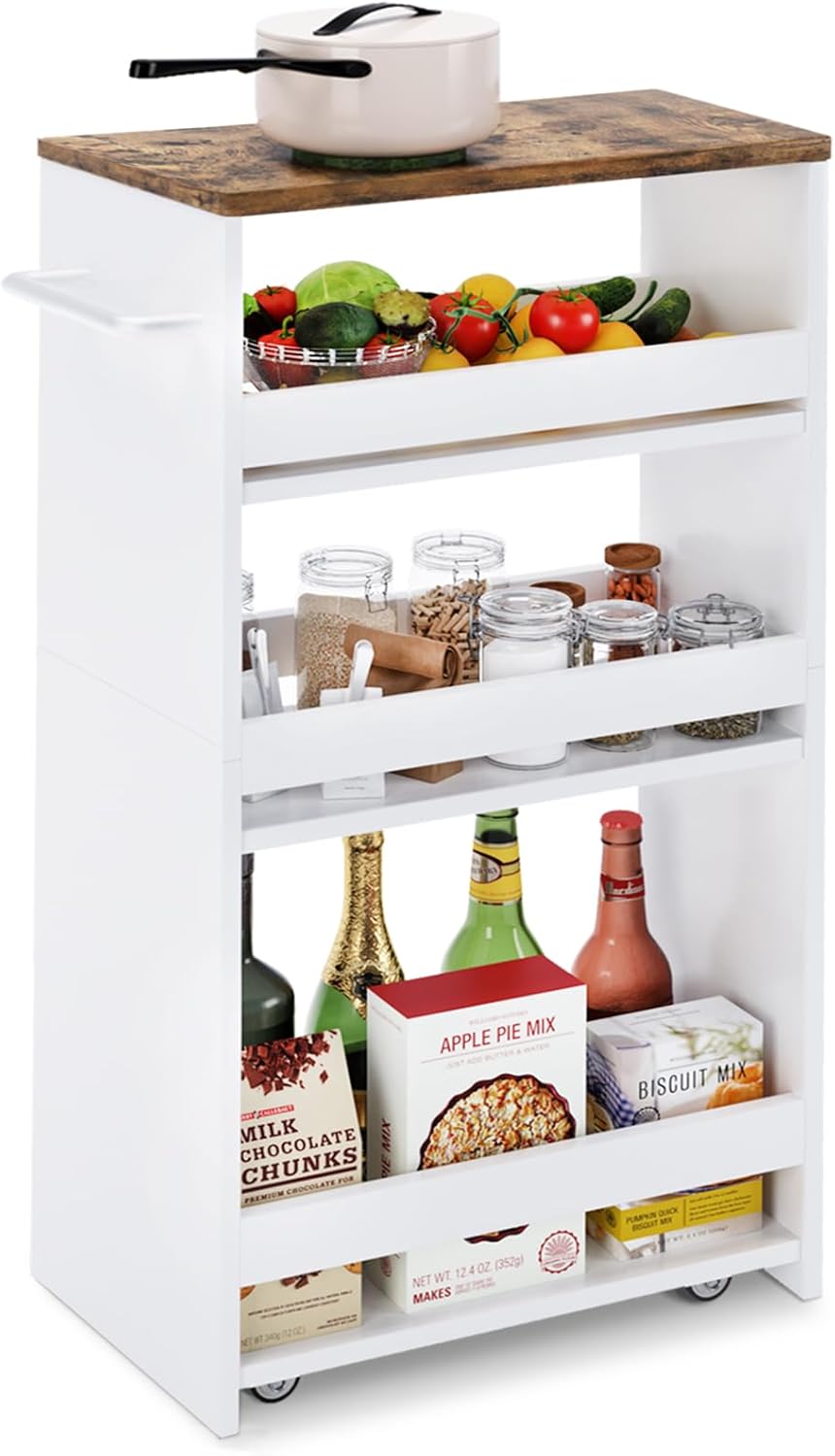 Handled Slim Kitchen Cart – Four-Tier Slide-Out Storage