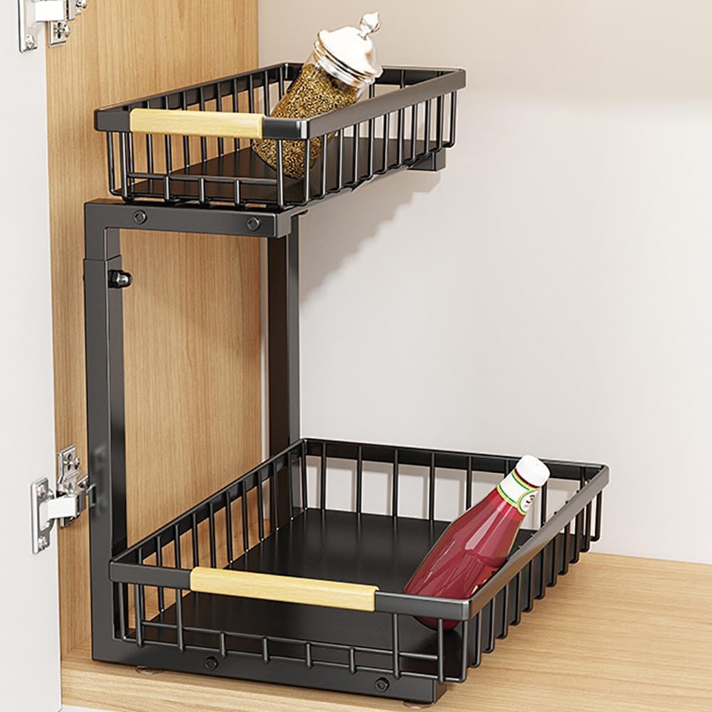 Takywep 2 Tier Pull Out Cabinet Organizer, Adjustable Under Sink Slide Out Shelf with L-Shape Design, Metal Storage Basket for Kitchen, Bathroom Counter Organization - Field & Nook