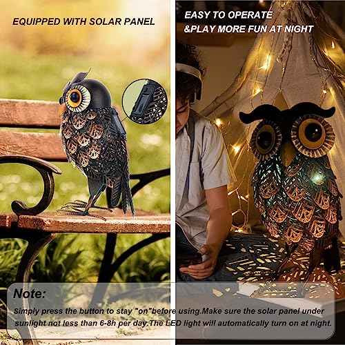Garden Statue Metal Owl Yard Art Outdoor Decor with Solar LED Lights for Patio Lawn Decoration Great Gifts