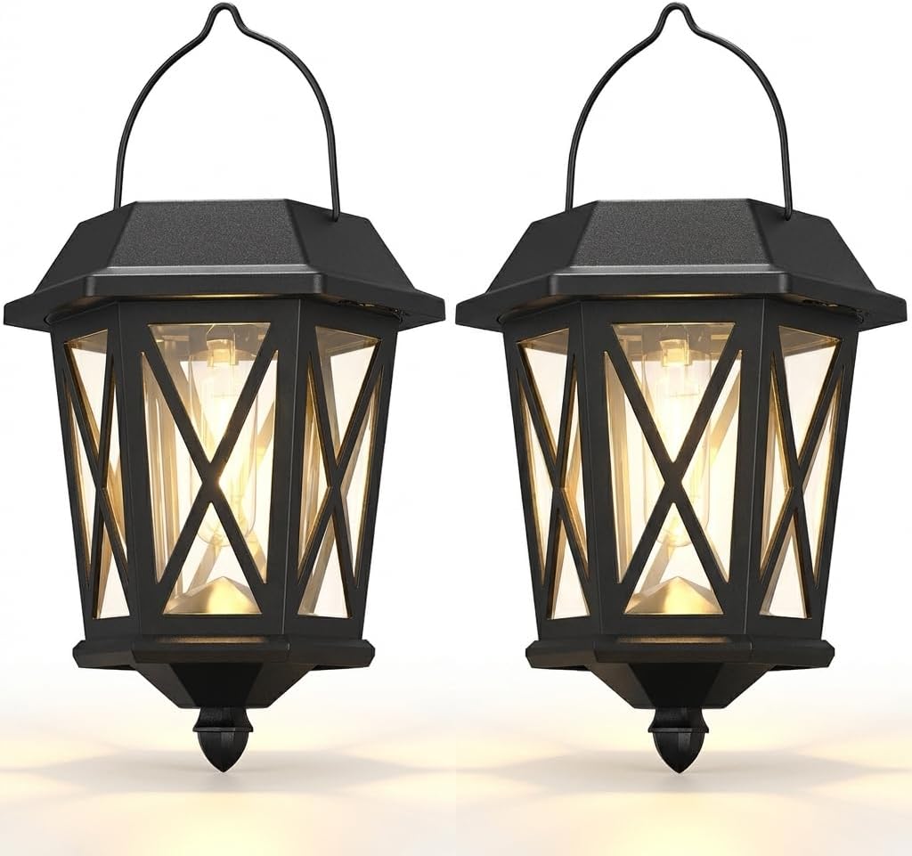 Solar Hanging Wall Lanterns – 2 Pack, LED, Glass Shade, Black
