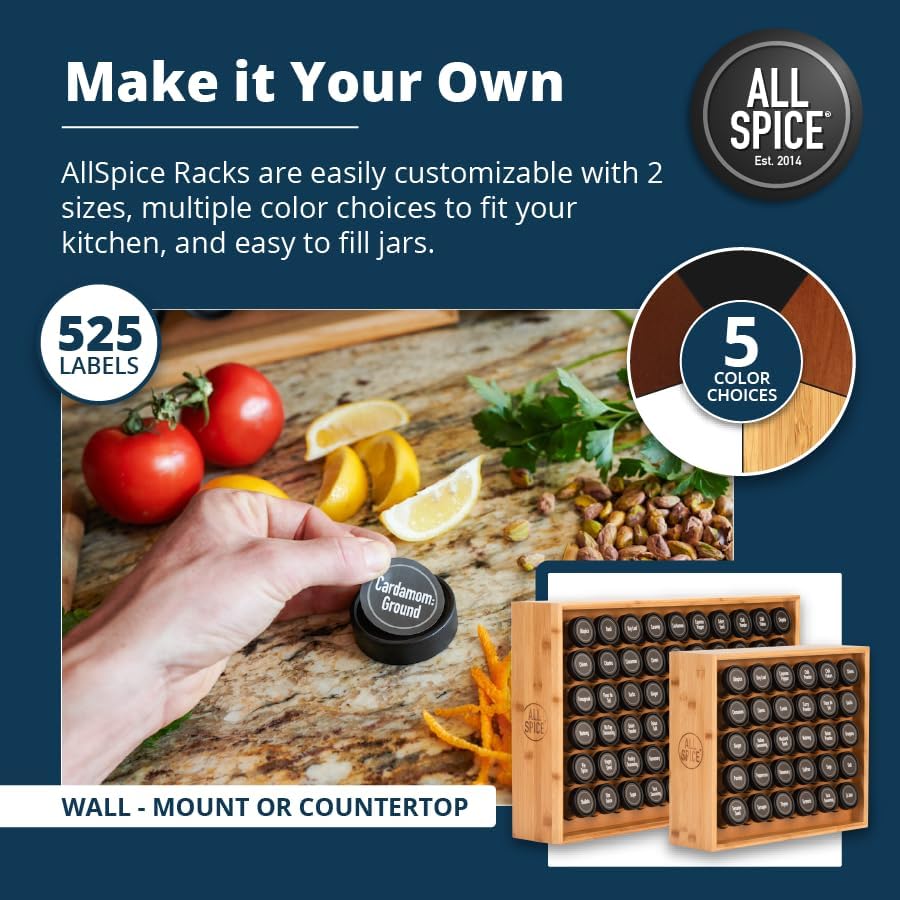 Spice Rack Organizer, Wood, 525 Unique Labels, Countertop or Wall Mount, Includes 60 4oz Jars- Bamboo - Field & Nook