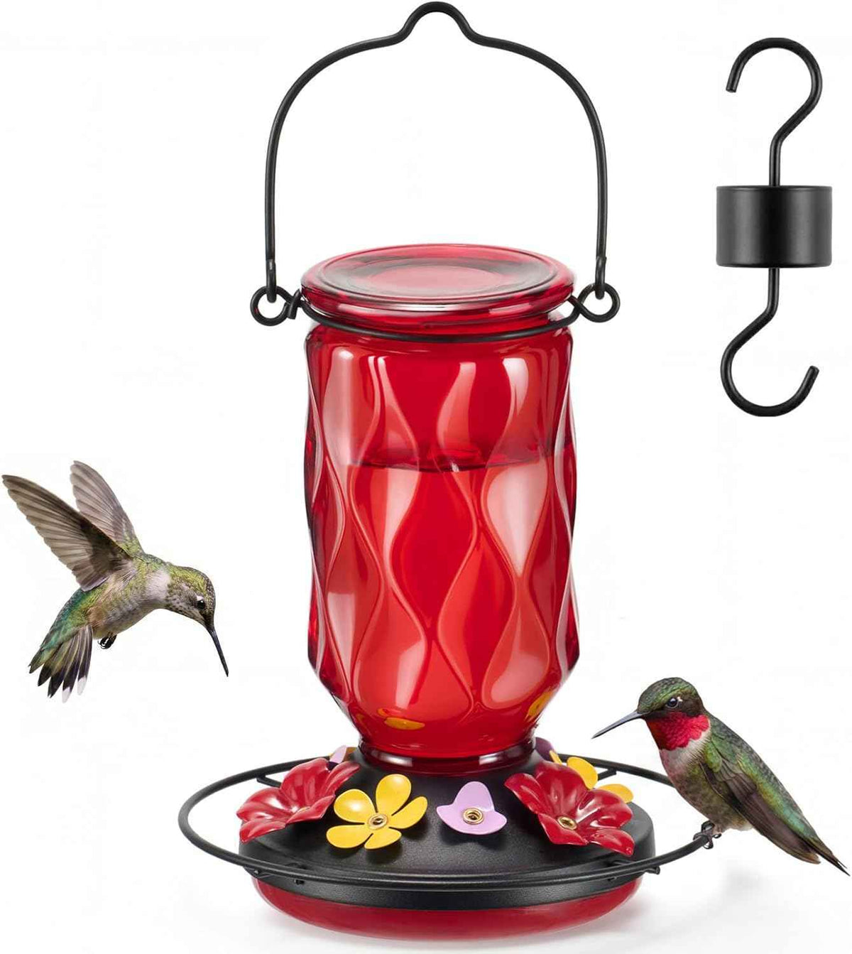 Kingsyard Glass Hummingbird Feeder for Outdoors Hanging, 20 oz Leak-Proof Wild Bird Nectar Feeders with 9 Bee Guard Ports & Ant Moat, Garden Yard Art Decor Gifts for Mom, Red
